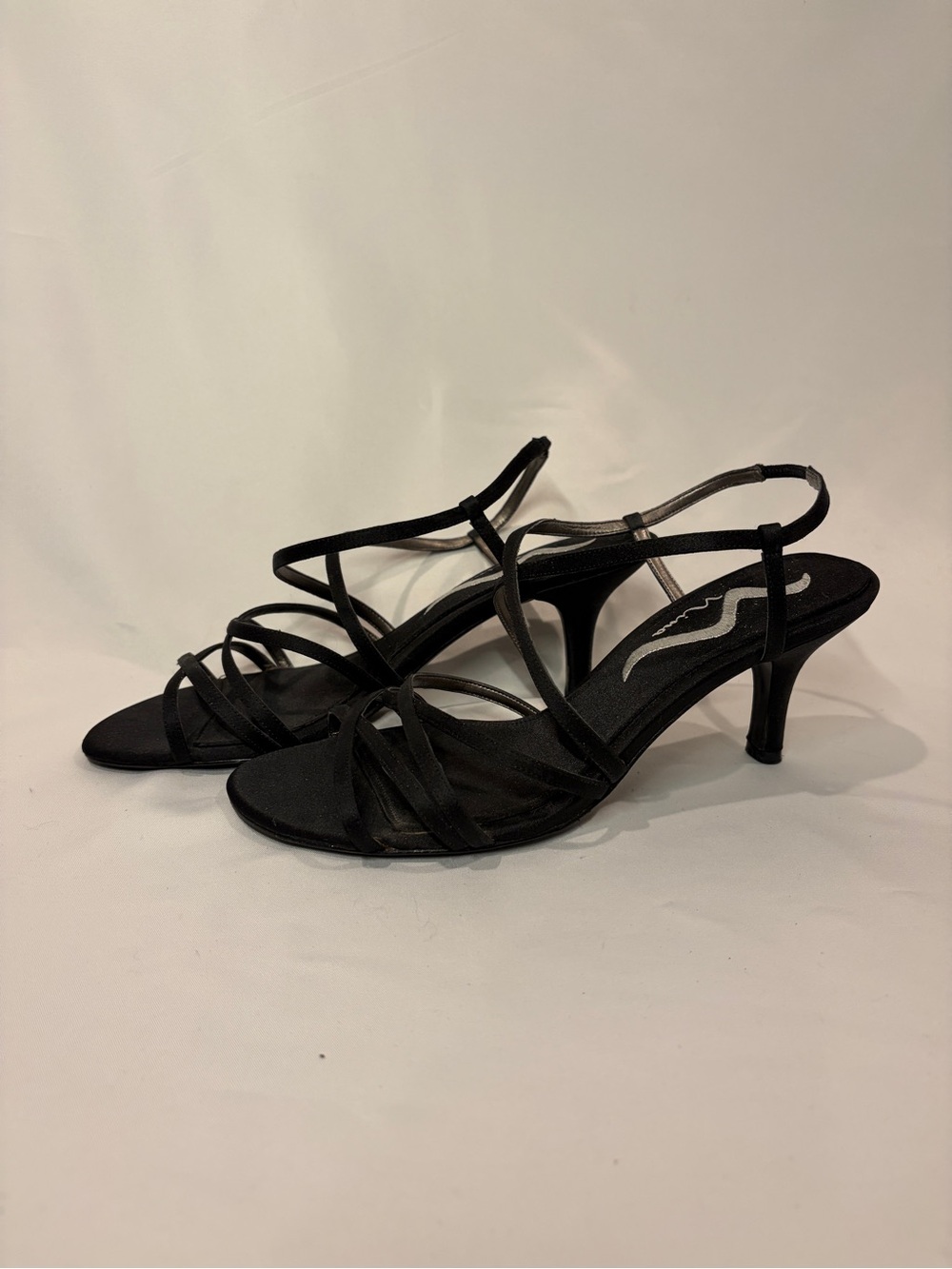Nina Black Satin Strappy Kitten Heels